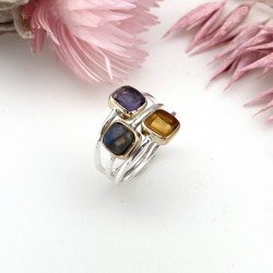 Bague argent doré PAVES carrés - Brandy citrine, Labradorite, Améthyste TAILLE 60