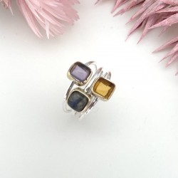 Bague argent doré PAVES carrés - Brandy citrine, Labradorite, Améthyste TAILLE 60