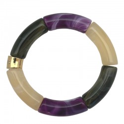 Bracelet jonc élastiqué doré PIPOCA HIBISCO 1 - Beige, violet & vert PARABAYA