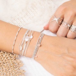 Bracelet fin élastiqué NUSA - Perles argent Miyuki beige crème léopard TAILLE M