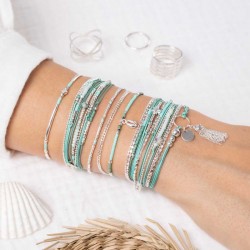 Bracelet fin élastiqué MAYOTTE argent - Perles vert d'eau irisé TAILLE M