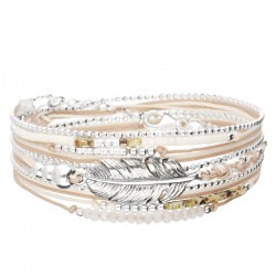 Bracelet multitours BOHEME argent - Perles beige crème léopard & Plume DORIANE