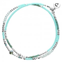 Bracelet multitours élastiqué SPRING argent - Perles vertes & Turquoise tacheté DORIANE