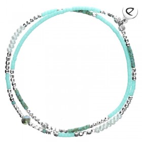 Bracelet multitours élastiqué SPRING argent - Perles vertes & Turquoise tacheté DORIANE