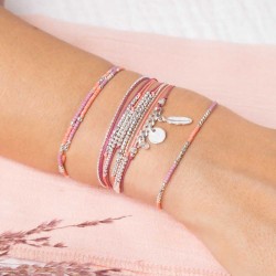 Bracelet multitours élastiqué ALBA argent - Perles Rose Framboise TAILLE S