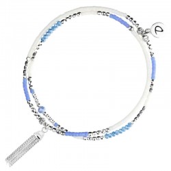Bracelet multitours élastiqué SPRING BOHEME argent - Perles bleu ivoire & Pompon DORIANE