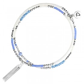 Bracelet multitours élastiqué SPRING BOHEME argent - Perles bleu ivoire & Pompon DORIANE