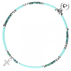 Bracelet fin élastiqué argent - Perles vert turquoise & Croix zircons - DORIANE