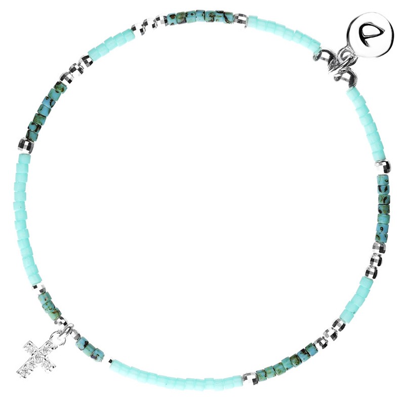 Bracelet fin élastiqué argent - Perles vert turquoise & Croix zircons - DORIANE Bracelet fin élastiqué argent - Perles vert turquoise & Croix zircons - DORIANE