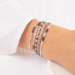 Bracelet fin élastiqué LOSANGE argent - Hématites & Miyuki blanche TAILLE L