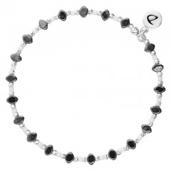 Bracelet fin élastiqué LOSANGE - Perles argent Hématites & Miyuki blanche DORIANE
