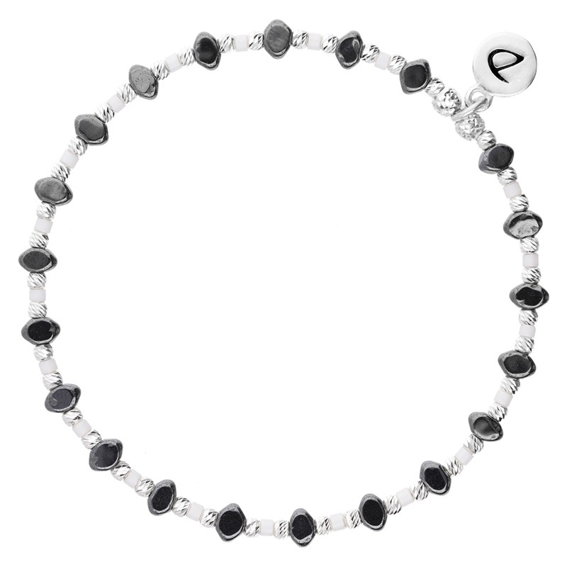 Bracelet fin élastiqué LOSANGE - Perles argent Hématites & Miyuki blanche DORIANE