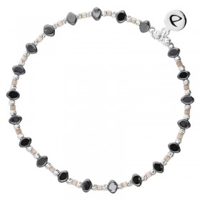 Bracelet fin élastiqué LOSANGE - Perles argent Hématites & Miyuki beige DORIANE