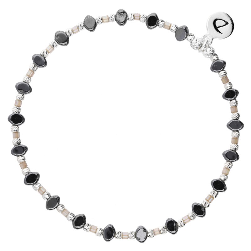 Bracelet fin élastiqué LOSANGE - Perles argent Hématites & Miyuki beige DORIANE Bracelet fin élastiqué LOSANGE - Perles argent Hématites & Miyuki beige DORIANE
