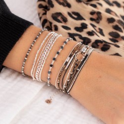 Bracelet fin élastiqué LOSANGE, Perles argent Hématites & Miyuki beige TAILLE S