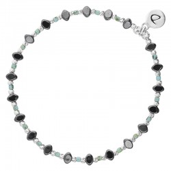 Bracelet fin élastiqué LOSANGE - Perles argent Hématites & Miyuki turquoise DORIANE