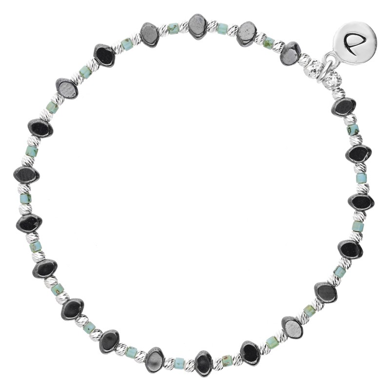 Bracelet fin élastiqué LOSANGE - Perles argent Hématites & Miyuki turquoise DORIANE Bracelet fin élastiqué LOSANGE - Perles argent Hématites & Miyuki turquoise DORIANE