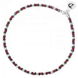 Bracelet fin élastiqué - Perles argent Miyuki carré rouge & Hématites DORIANE