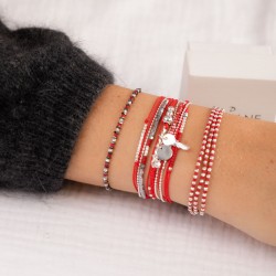 Bracelet fin élastiqué - Perles argent Miyuki carré rouge & Hématites TAILLE L