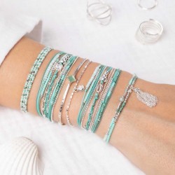 Bracelet multitours élastiqué JAVA argent - Miyuki turquoise vert TAILLE S