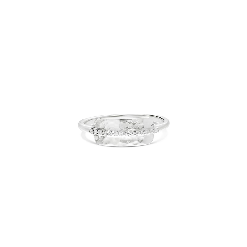 Bague fine anneau en argent - Demi alliance plaque & barre de mini zircons blancs - DORIANE