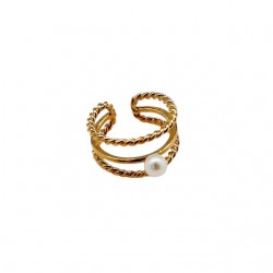 Bague large ajustable 3 RANGS 1 PERLE Or - Anneaux lisse & torsadés FABIEN AJZENBERG
