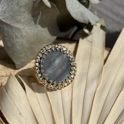 Bague large ajustable GRANDE DUCHESSE Or - Cabochon Nacre grise FABIEN AJZENBERG