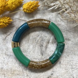Bracelet jonc élastiqué ESPUMA PERIQUITO 1 - Vert bleu & doré pailleté