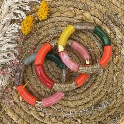 Bracelet élastiqué ESPUMA BEIJA 3 - Rose vert corail moutarde & doré
