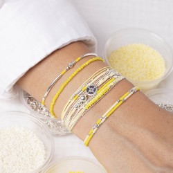 Bracelet multitours élastiqué ALBA argent - Perles Jaune crème TAILLE M