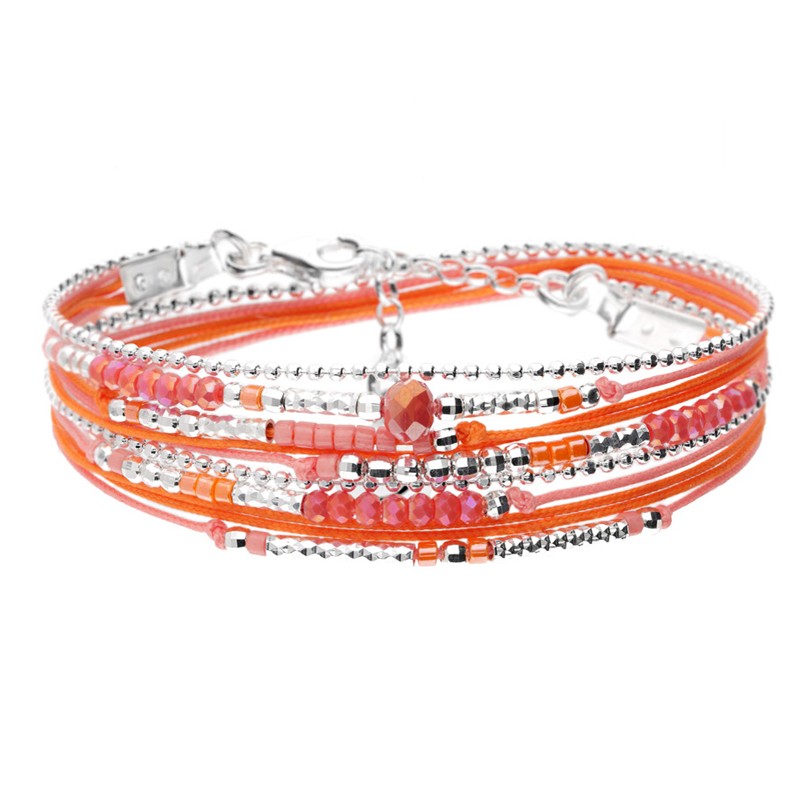Bracelet multitours ATLANTA argent - Cordons & Perles orange - DORIANE Bijoux Bracelet multitours ATLANTA argent - Cordons & Perles orange - DORIANE Bijoux