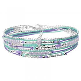 Bracelet multitours ATLANTA argent - Cordons & Perles violet turquoise - DORIANE Bijoux