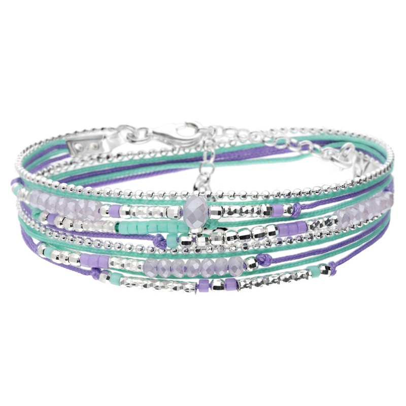 Bracelet multitours ATLANTA argent - Cordons & Perles violet turquoise - DORIANE Bijoux