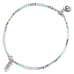 Bracelet fin élastiqué MERIDA argent - Miyuki violet turquoise & Plume - DORIANE Bijoux