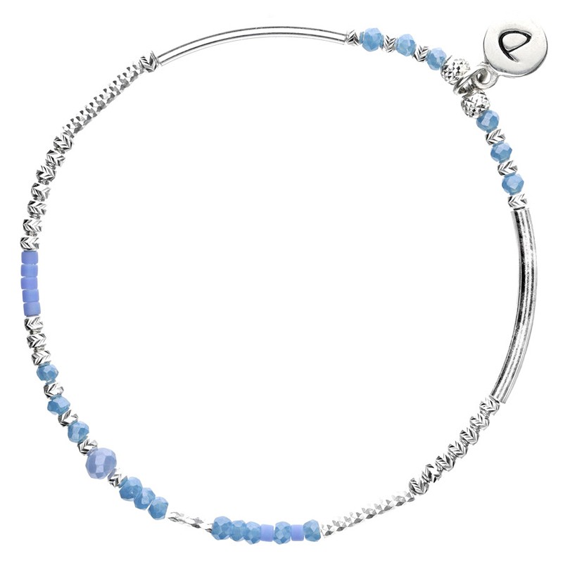 Bracelet fin élastiqué CALVI argent - Tubes & Perles bleu jean - DORIANE Bijoux