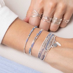 Bracelet fin élastiqué CALVI argent - Tubes & Perles bleu jean TAILLE M