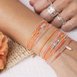 Bracelet fin élastiqué MERIDA argent - Miyuki orange corail & Plume TAILLE M