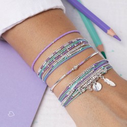Bracelet fin élastiqué PORTO-VECCHIO argent, tubes & Perles violettes TAILLE M