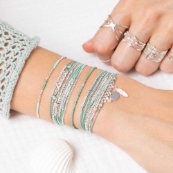 Bracelet élastique NEW BIRDY - Perles argent & Miyuki turquoise vert TAILLE M