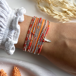 Bracelet fin élastiqué MERIDA argent - Miyuki orange corail & Plume TAILLE M