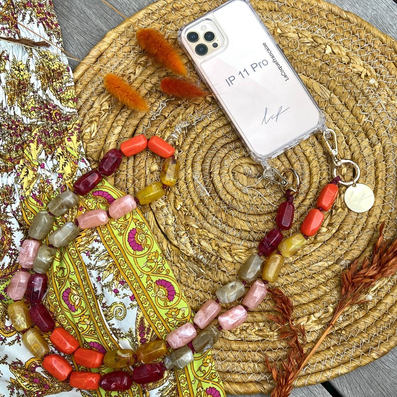 Chaîne Bijou smartphone TALIA, Perles beige orange & Mousquetons dorés Chaîne Bijou smartphone TALIA, Perles beige orange & Mousquetons dorés
