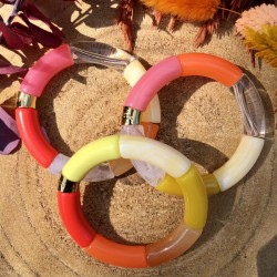 Bracelet jonc élastiqué MARACUJA 3 - Rose jaune orange fluo & blanc