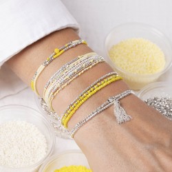 Bracelet multitours élastiqué SPRING argent - Perles jaune crème TAILLE M