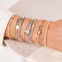 Bracelet multitours élastiqué SPRING argent - Perles beige & Nacre TAILLE M