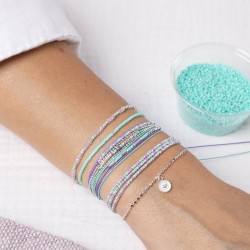 Bracelet multitours élastiqué JAVA argent - Miyuki turquoise violet TAILLE M