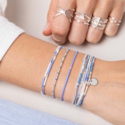 Bracelet multitours élastiqué ALBA argent - Perles bleu & Ivoire TAILLE M