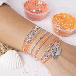 Bracelet multitours élastiqué ALBA argent - Perles orange & corail TAILLE M