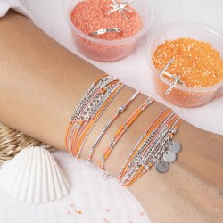 Bracelet multitours élastiqué ALBA argent - Perles orange & corail TAILLE S