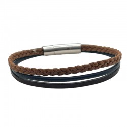 Bracelet jonc multi-rangs - Liens coton tressé camel & cuir bleu marron LOOP AND CO