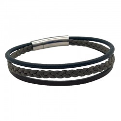 Bracelet jonc multi-rangs - Liens coton tressé kaki & cuir bleu marron LOOP AND CO